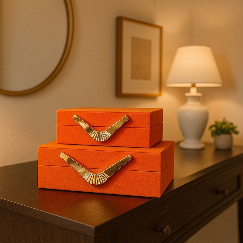 Lyxig Dekorativ Läderlåda Set med Bumerang-Handtag - Orange (2-pack)