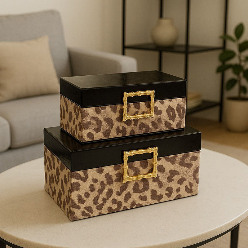 Lyxig Dekorativ Låda Set med Leopardmönster och Kvadratiskt Spänne - Brun  (2-pack)
