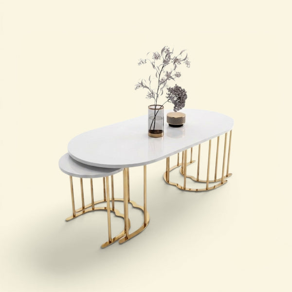 Tokyo 2+1 Vit  Guld Oval Soffbord