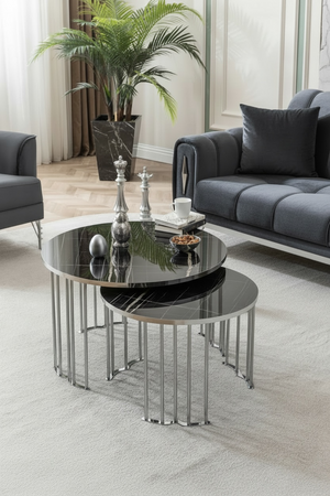 Runt svart 1+1 silver Soffbord