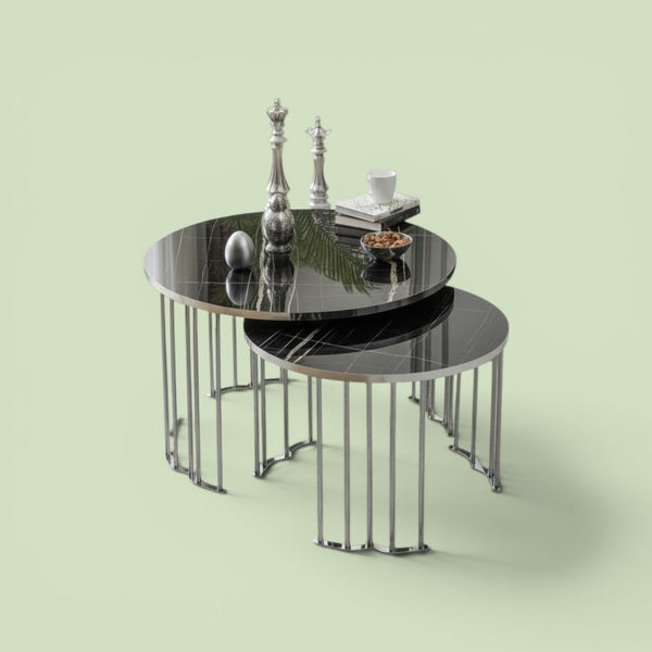Runt svart 1+1 silver Soffbord