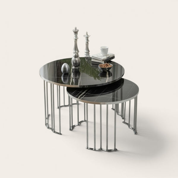 Runt svart 1+1 silver Soffbord